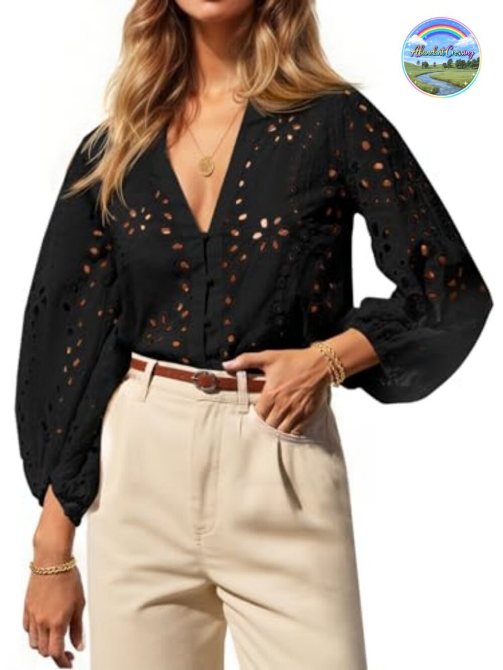Womens 100% Cotton Eyelet Blouse Deep V Neck 3/4 Balloon Sleeve Button Down